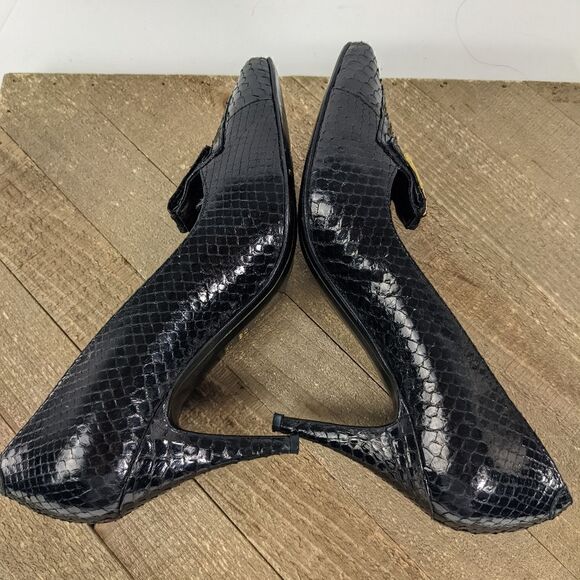 Vintage leather pumps, snakeskin heels, black vintage heels, 80s party shoes 6.5 - Picture 2 of 7